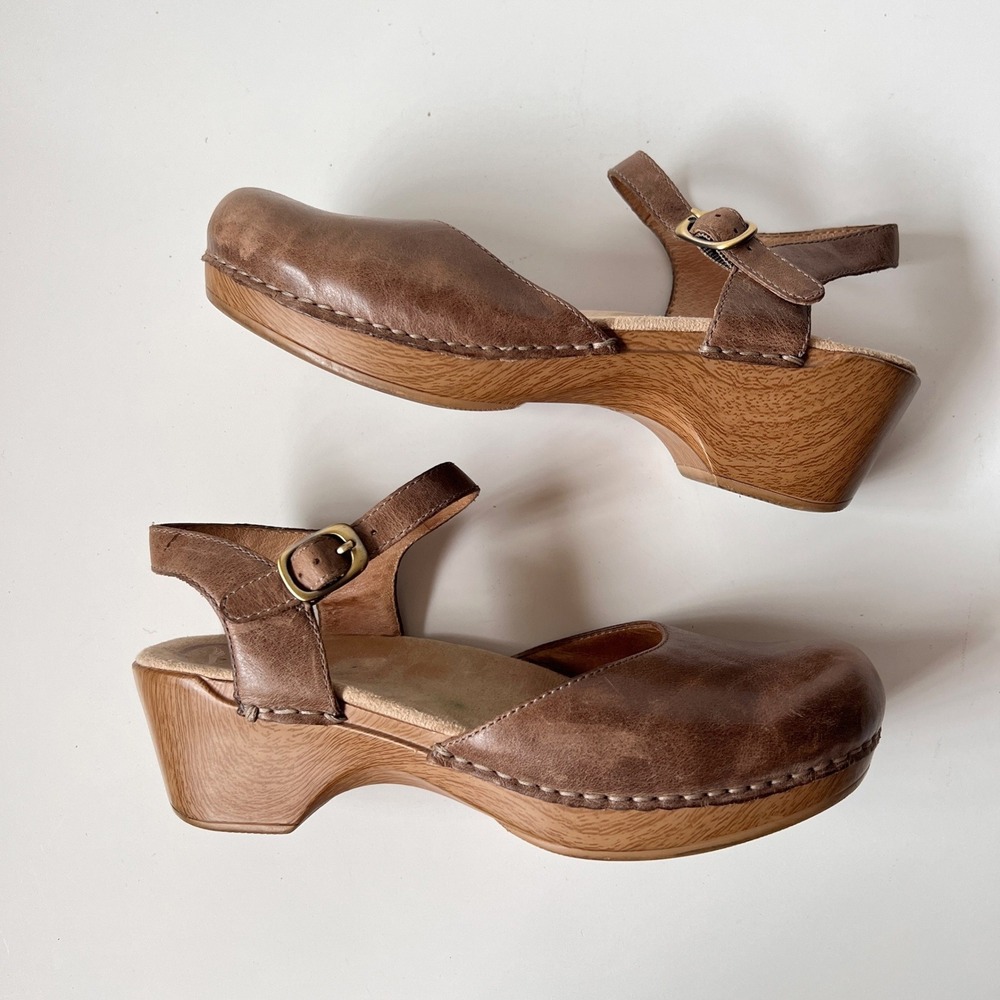 Dansko Mary Jane Clogs Size 40 Tan Brown Leather Platform Sandals Chunky Boho - Picture 2 of 10